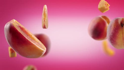 Peaches and Peach Slices Rotate on Pink Background
