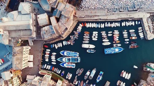 Barcos atracando en el puerto de Camogli, Italia