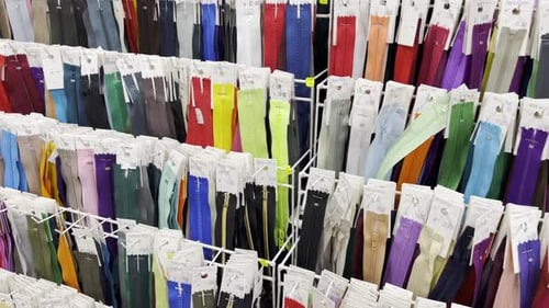 Many Different Zippers for Clothes of Different Sizes and Colors Zippers on Racks in the Workshop