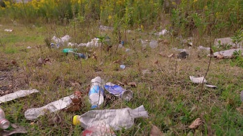 Piles of garbage in forest, random dumping in nature. plastic bag and bottles,