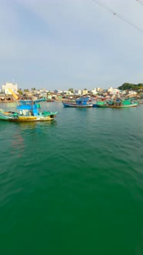 FPV Flight Over Beautiful Traditional Fishing Boats on Phu Quoc Island Vietnam