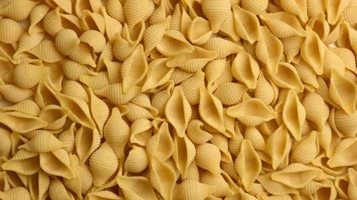 Pile of uncooked shell pasta close up