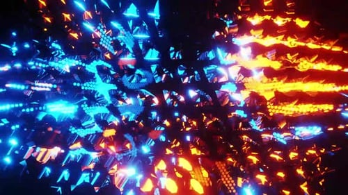 Dynamic abstract digital flow with vibrant blue and orange glowing particles