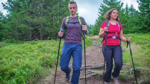 Female and male hiker using walking sticks to step down steep narrow path in forest landscape. Slow
