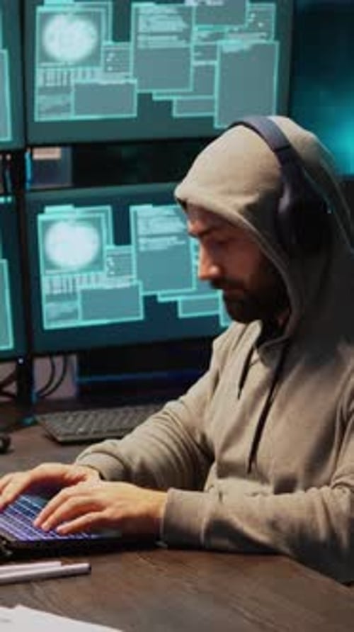 Vertical Video Hacker Coder Hacking System at Night Using Virus