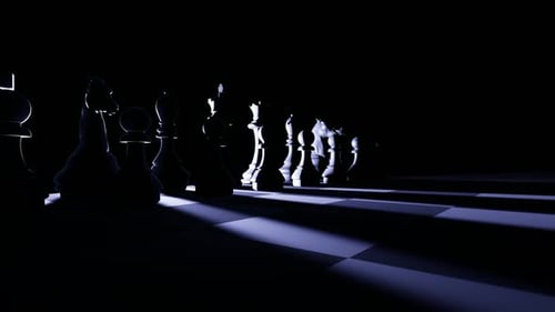 Dramatic Chess Pieces Spotlight Reveal on Dark Chessboard