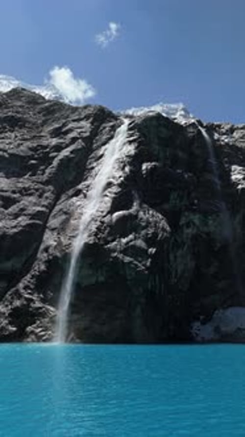 Aerial of Waterfall above Laguna 69, Vertical