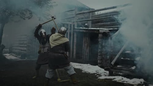 Two Medieval Warriors Having Violent Combat in Burning Fortress