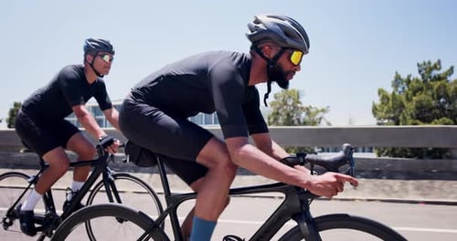 Fitness, cycling and people with bike on road, outdoor workout and triathlon training together