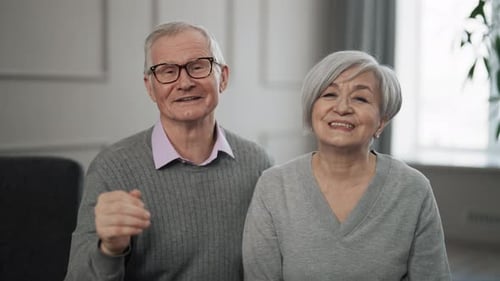 Happy Senior Couple Waving During Video Call