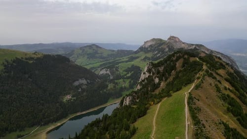 Wonderful aerial drone shot from Mount Hoher Kasten in the Swiss Alps, Alpstein, Appenzell. The moun