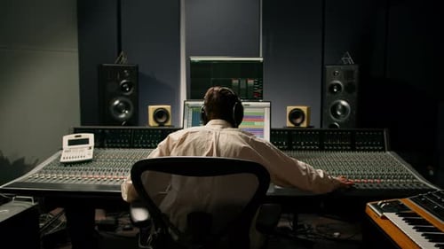 Sound engineer working in music studio with monitors and equalizer on screen mixing and mastering