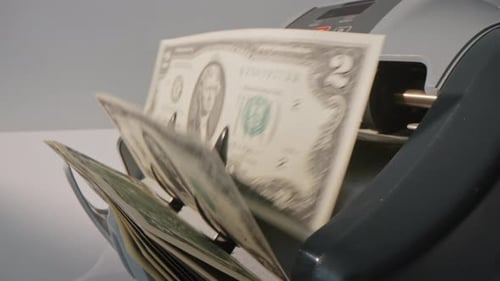 Closeup Currency Counting Machine Flipping Dollar Banknotes Money Calculating