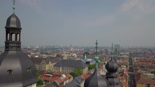 View on a big German city and a palace, on a sunny day, 4k