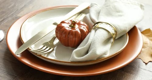 Thanksgiving Place Setting with Decorative Pumpkin Close-Up