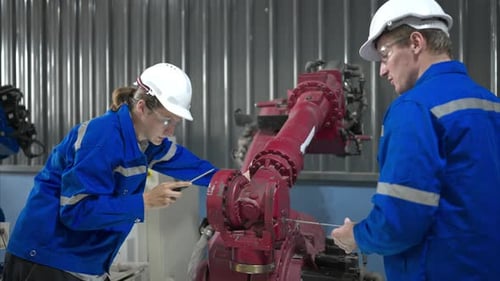 Both of engineers working together in a robotic arm factory, Robotic arm industry and engineering
