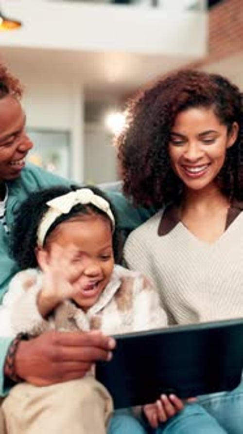 Parents, video call and child with tablet, lounge and happy for virtual communication