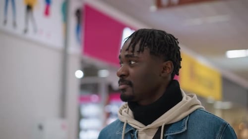 Young Black Man Denim Jacket Hoodie Shopping Mall Portrait