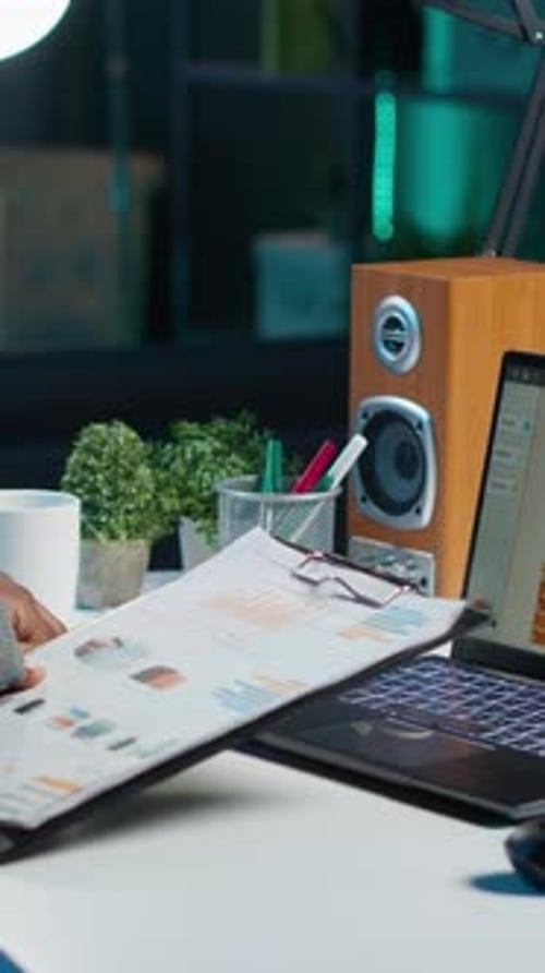 Vertical Video Self Employed Woman Working in Personal Office Checking Statistical Data