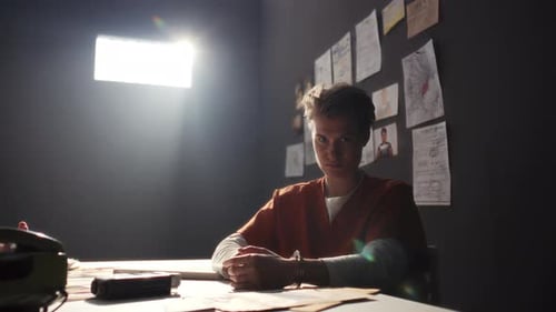 Portrait of Handcuffed Female Inmate Sitting in Prison Room during Interrogation
