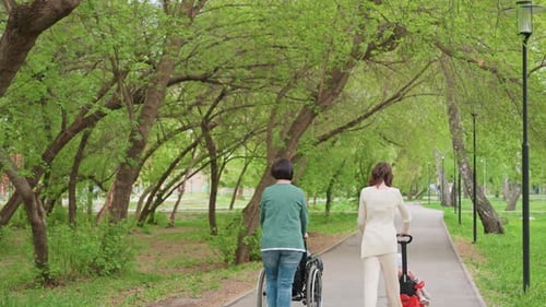 Park Caregivers Strolling Caregivers Push Wheelchair Beneath Leafy Trees Peaceful Urban Park Scene