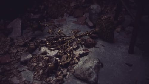Intricate Golden Object Lies Amidst Rubble in Abandoned Space