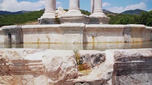 ancient roman fountain with lion