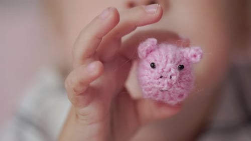 Child Holding Knitted Pink Pig Toy Close-Up