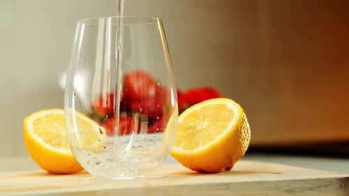 4K Refreshing Lemon Water Drink on Table Side View