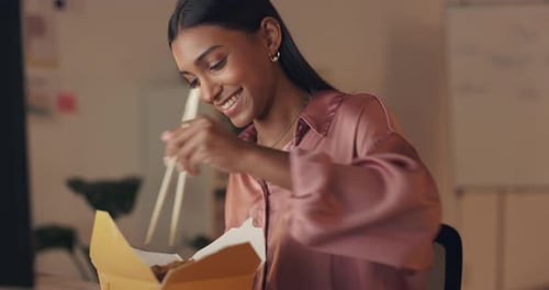 Office, night and woman with fast food ramen while working on marketing project on computer