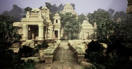 Ruines d'anciens temples entourées d'une végétation luxuriante dans un paysage mystique