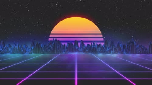 Stilisierter Vintage-3D-Animationshintergrund mit Bergen, Sonne und leuchtenden Sternen