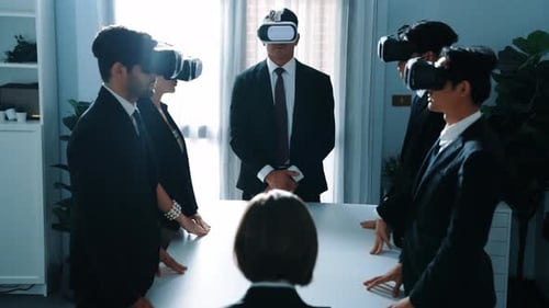 Business Team Meeting Using VR Headsets in Office