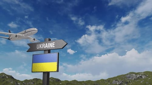Ukraine Flag With Airplane And Arrow Sign
