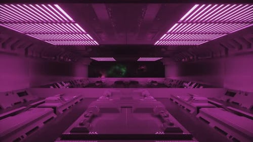 Endless Flight Through Tunnel Inside a Spaceship View of Open Space Ahead Purple Neon 3D Animation