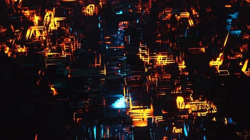 Abstract cityscape with neon lights and fire. Loop animation