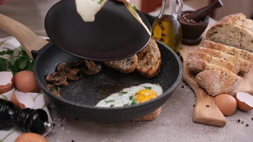 Preparing Sunny Side Up Eggs with Bread and Mushrooms