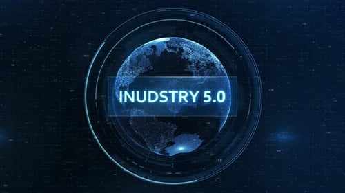 Industry 5.0 Concept: Futuristic Globe with Grid, Binary Code, and Digital Animation