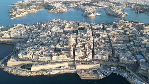Aerial Skyline of Valletta City, St Pauls Cathedral and Manoel Island in Malta