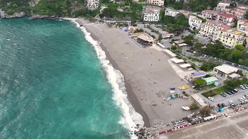 Drone view of Stabilimento California Beach in Vietri sul Mare, Italy