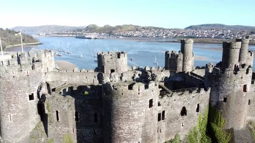Aerial View of Medieval Stone Castle on Sunny Day