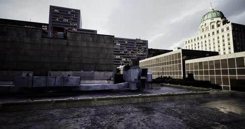 Urban Rooftop View Showcasing Modern Architecture Against a Cloudy Sky
