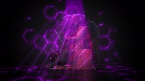 Glowing Angel Statue, Headphones, and Neon Hexagons