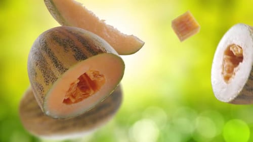 Flying Melon and Melons Slices in Green Garden Orchard Shiny Background