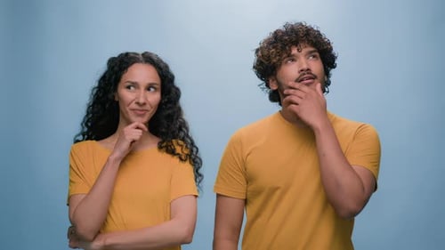 Multiracial Diverse Couple Two Friends Family Man Woman Together Think Pondering Problem Decision