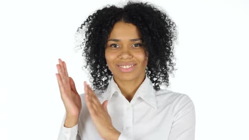 Smiling Woman Clapping on White Background