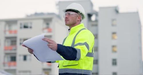 Engineering, blueprint and man with paper in city, planning and development of building