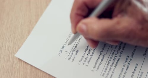 Hands, writing or senior person with will, contract or application document for insurance papers