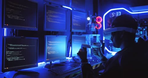 Adult Wears VR Headset in Futuristic Tech Office