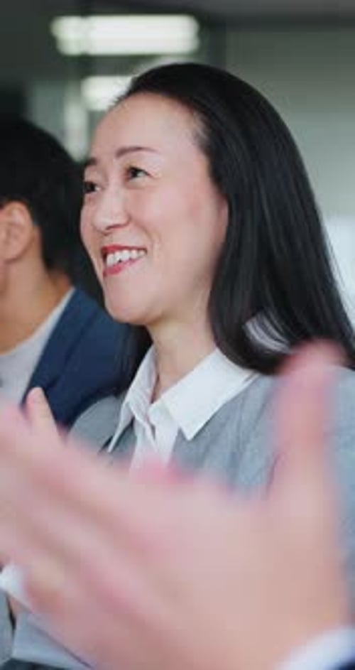 Finance, meeting or team in office with clap, celebration or approval of investment proposal